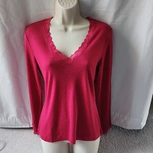 Talbots Lace Trim V-Neck Long Sleeve Top - Bright Pink